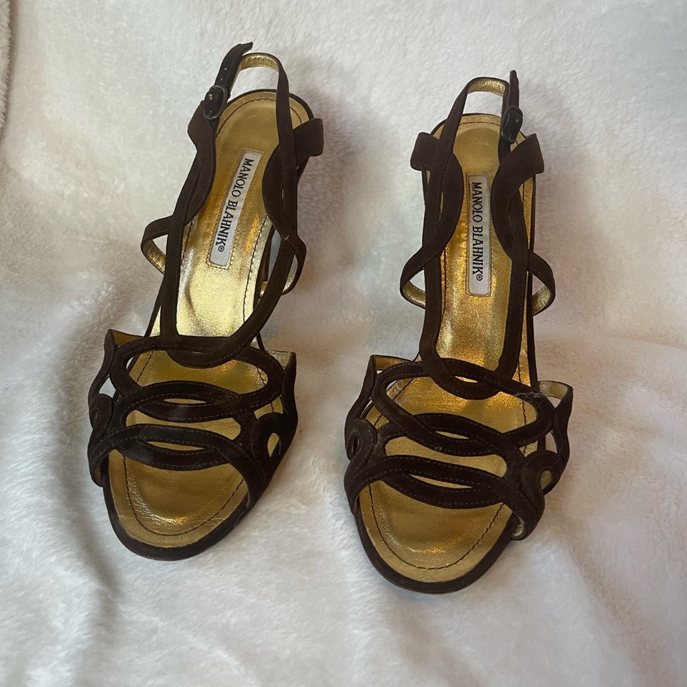 Manolo Blahniks! Dark brown strappy sandals. Size 38.5 but fit like 7.5
